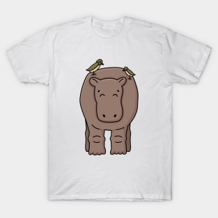 Brown outline cartoon gray kid hippo stands on the ground T-Shirt